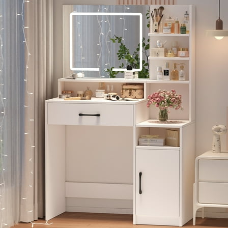 IDEALSOUL Vanity, Makeup Vanity with Drawers, Vanity Desk with Shelves and Large Storage Cabinet, 3 Lighting Color Adjustable