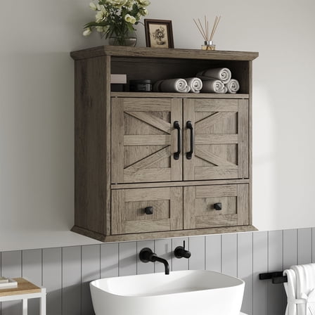 IDEALSOUL Wall Bathroom Storage, Bathroom Medicine Cabinet with Double Door Wall, Two Drawers, Adjustable Shelves, Gray