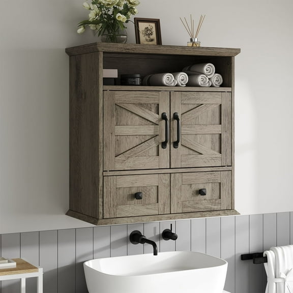 IDEALSOUL Wall Bathroom Storage, Bathroom Medicine Cabinet with Double Door Wall, Two Drawers, Adjustable Shelves, Gray