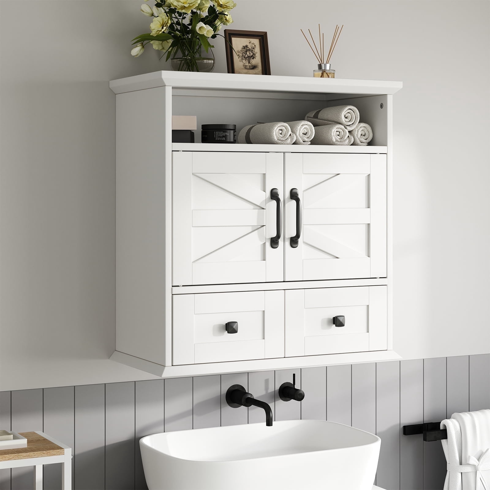 IDEALSOUL Wall Bathroom Cabinet, Bathroom Medicine Cabinet with Double Door Wall,Two Drawers, Adjustable Shelves, White