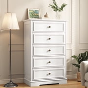 5 Drawer Dresser for Bedroom, Retro Wood Storage Cabinet with Antique Bronze Round Handles, Vintage Chest of Drawers with Solid Base for Living Room, Hallway, Entryway, Guest Room, White