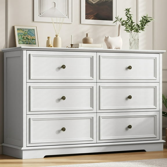 IDEALSOUL White Dresser,6 Drawer Dresser for bedroom,Retro Wood Storage Cabinet for Living Room