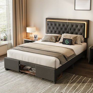 Upholstered Full Size Platform Bed Frame with Sliding Door Storage Cabinets and LED Light, Wood Slats Support, Gray