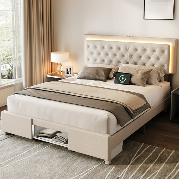 Bed Frame Queen Size with Sliding Barn Door Storage Cabinets,Headboard and LED Light,Solid Wood Slats Support,Noiseless,(Off-white)