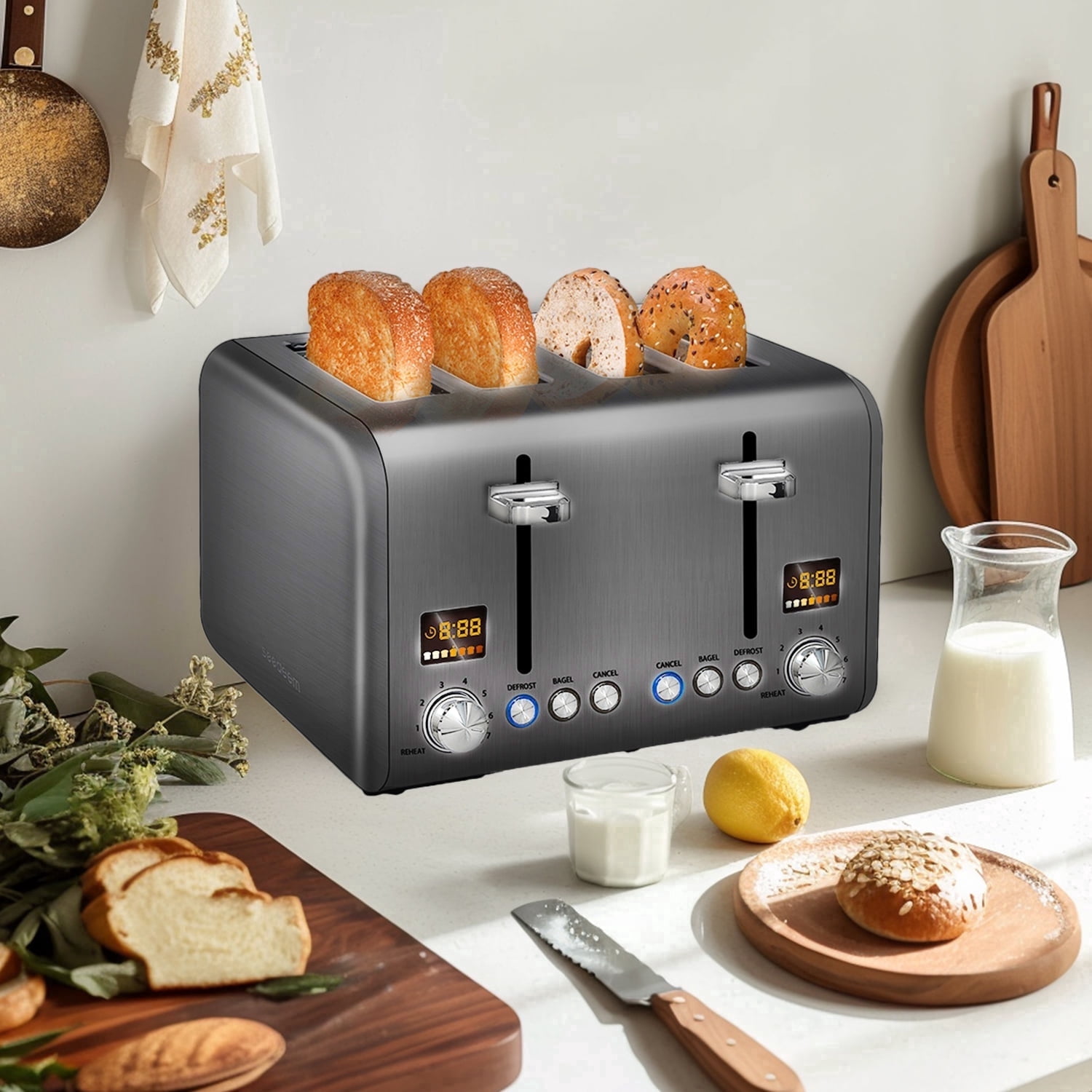 SEEDEEM 4 Slice Stainless Toaster with LCD Display, 7 Shade Settings, Wide Slots, Bagel/Defrost/Reheat Functions, Removable Crumb Tray, 1800W