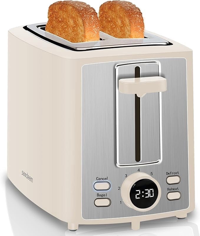 Toaster 2 Slice, Bread Toaster with LCD Display, 7 Shade Settings, 1.４'' Extra Wide Slots Toaster with Cancel, Bagel, Defrost, Reheat Functions, Removable Crumb Tray, 900W, Cream White