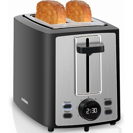 SEEDEEM Toaster 2 Slice, Bread Toaster with LCD Display, 7 Shade Settings, 1.４'' Extra Wide Slots Toaster with Cancel, Bagel, Defrost, Reheat Functions, Removable Crumb Tray, 900W, Carbon Black