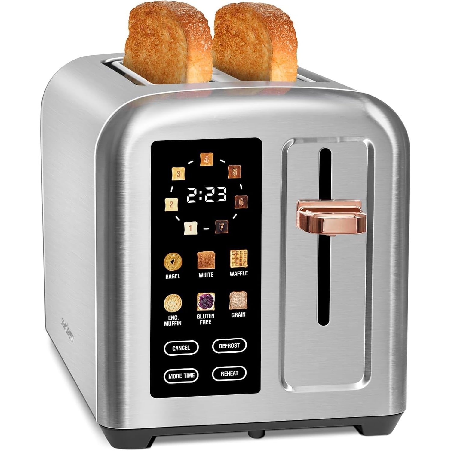 SEEDEEM Toaster 2 Slice, Touch Control Stainless Toaster LCD Display, 50% Faster Heating Speed, 1.4'' Wide Slots, More Timer Functions, Removable Crumb Tray, 1350W, Dark Metallic