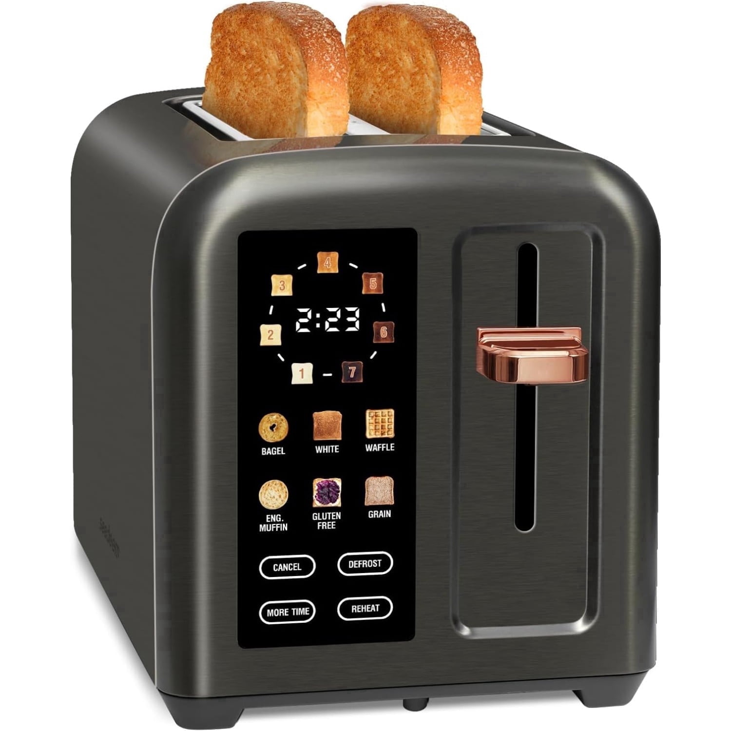 SEEDEEM Toaster 2 Slice, Touch Control Stainless Toaster LCD Display, 50% Faster Heating Speed, 1.4'' Wide Slots, More Timer Functions, Removable Crumb Tray, 1350W, Dark Metallic