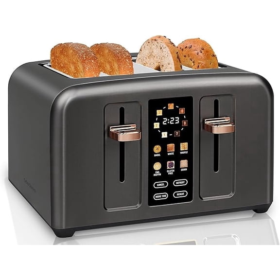 SEEDEEM Toaster 4 Slice, Full Touch control Toaster, LCD Display, 6 Bread Type, 7 Shade Settings, 1.4''Wide Slots,More Time Function, Removable Crumb Tray, 1800W, Gray