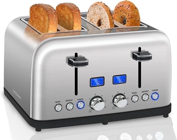 Toaster 4 Slice, LCD Display, 6 Shade Settings, 1.5'' Wide Slots, Digital Stainless Toaster for Bagel, Defrost, Reheat, Dual Control, Removable Crumb Tray, 1500W, Silver Metallic