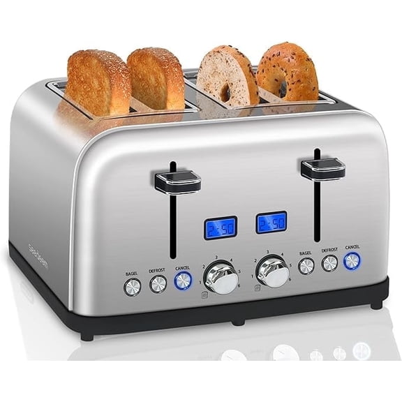 Toaster 4 Slice, LCD Display, 6 Shade Settings, 1.5'' Wide Slots, Digital Stainless Toaster for Bagel, Defrost, Reheat, Dual Control, Removable Crumb Tray, 1500W, Silver Metallic