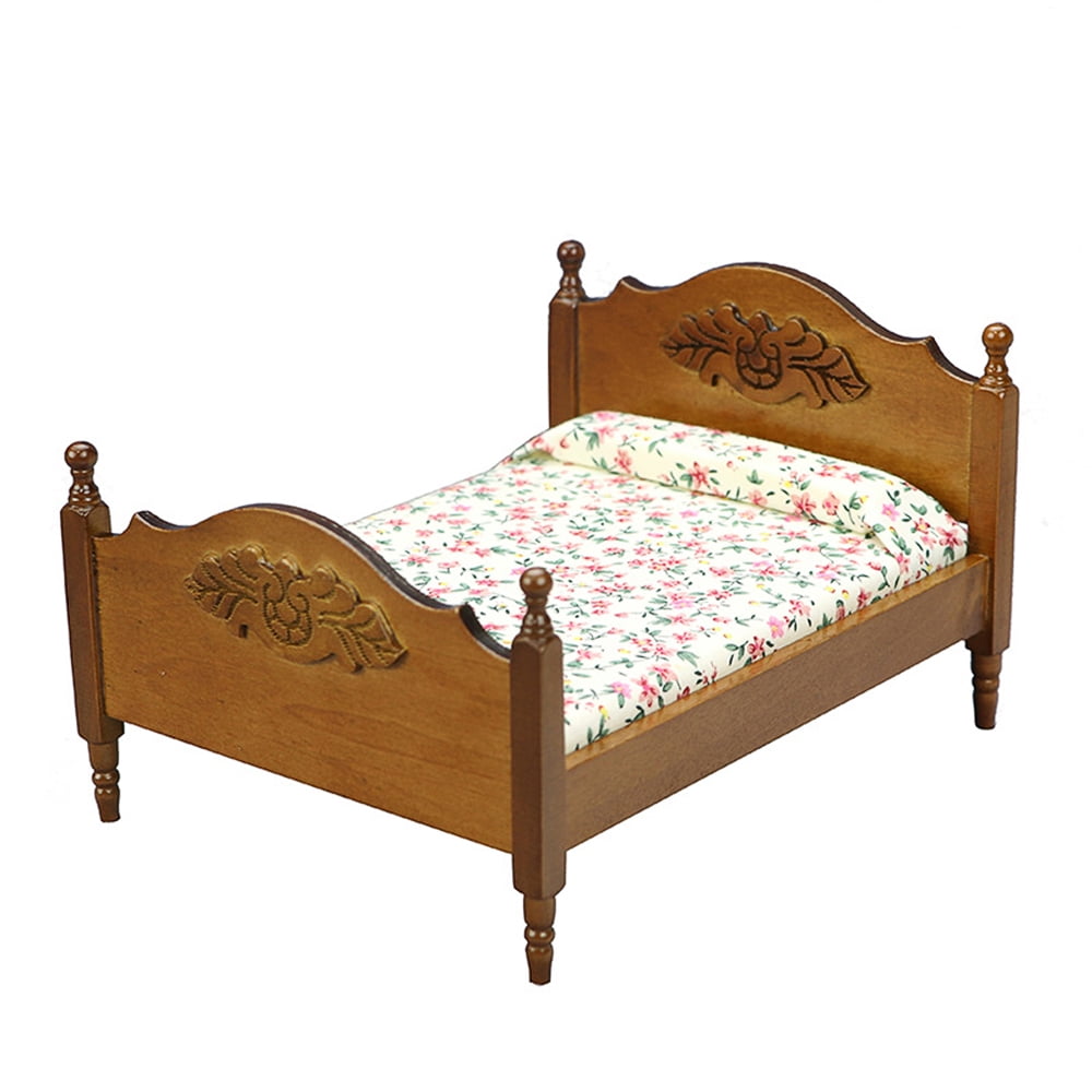 1:12 Scale Dollhouse Bed - Birch Wood Miniature Furniture With Drawer & Bedding