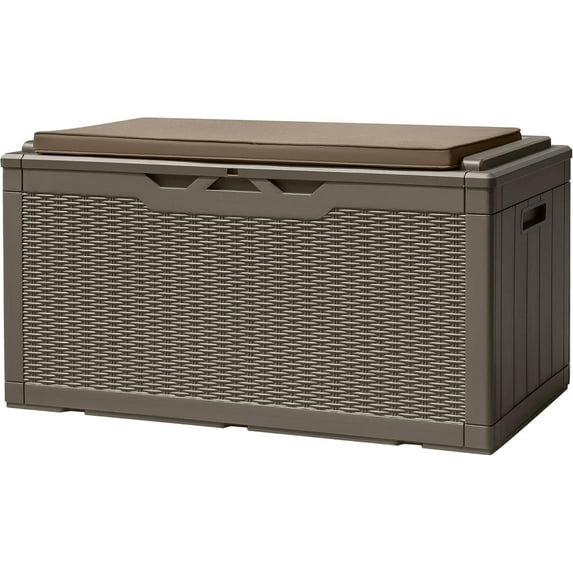 SEEKOL 100 Gallon Deck Box, Waterproof Resin Outdoor Storage Box with Cushion for Outside, Large Outdoor Storage Bench Cabinet Lockable for Patio Furniture and Garden Tools (Brown)