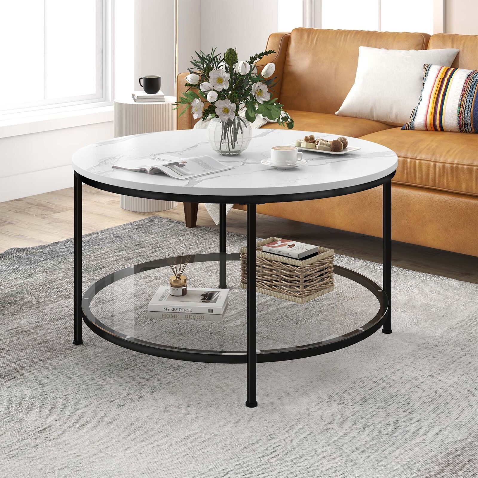 SEEKOL 2-Tier Round Coffee Table Marble Center Cocktail Table w/Glass ...
