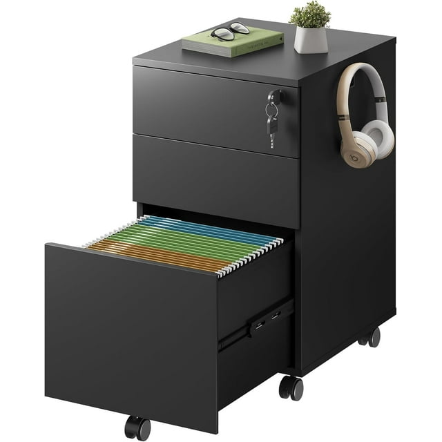 SEEKOL 3 Drawer File Cabinet with Lock, Small Rolling Filing Cabinet Under Desk, Wood Office Drawers Fits Letter/Legal/A4 Size Folders, Black