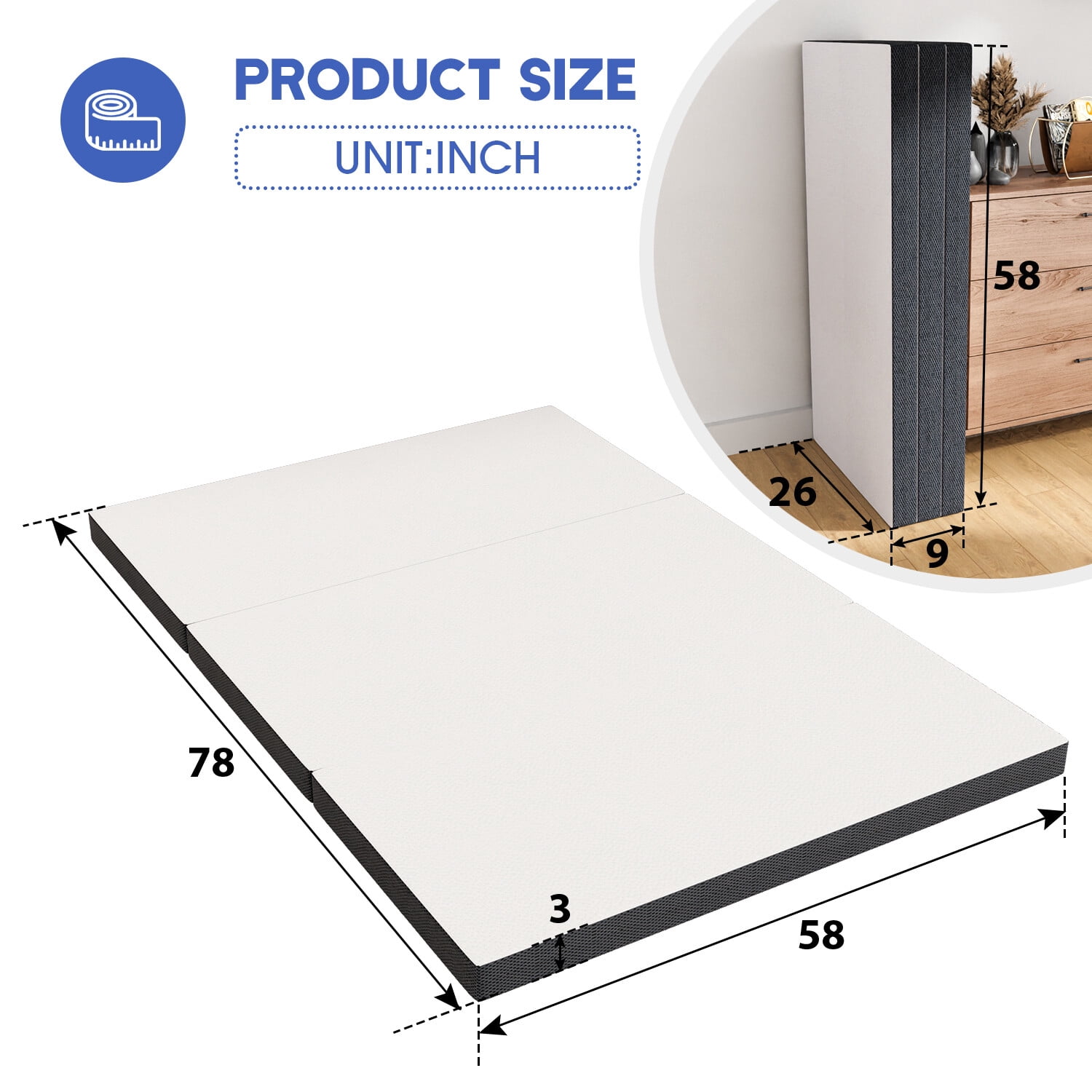 SEEKOL 3 Inch Tri Fold Memory Foam Mattress, Queen Folding Mattress with Washable Cover, Portable Floor Mattress for Guests Camping Travel.Queen