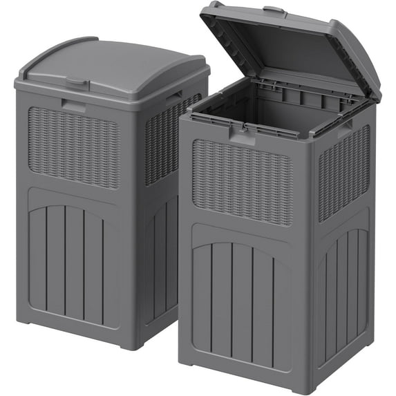 SEEKOL 33 Gallon Outdoor Trash Can with Dual Lid, Heavy Duty Waterproof Resin Garbage Bins Outside, Hideaway Waste Bins for Patio, Outside Pool, Backyard and Deck (2, Gray)