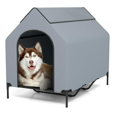 SEEKOL 52" Outdoor Dog House with Weatherproof Canopy & Elevated Bed