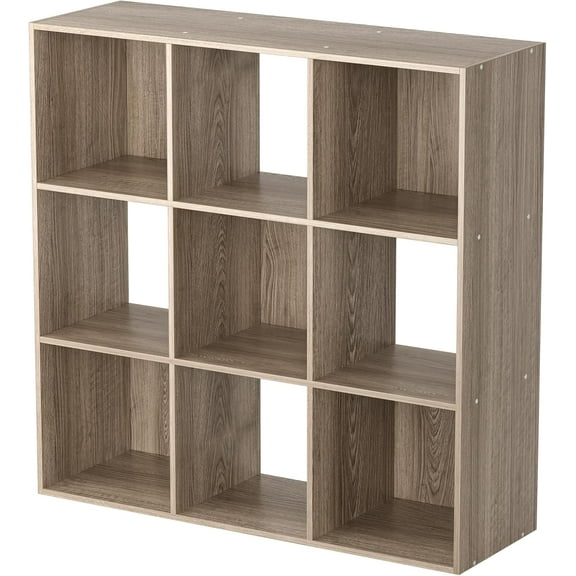 SEEKOL 9 Cube Open Shelf Bookcase, 3 x 3 Storage Organizer Shelf with 5 Removable Back Panels Wood Bookshelf System Display Rack for Home, Office, Bedroom, Living Room, Oak