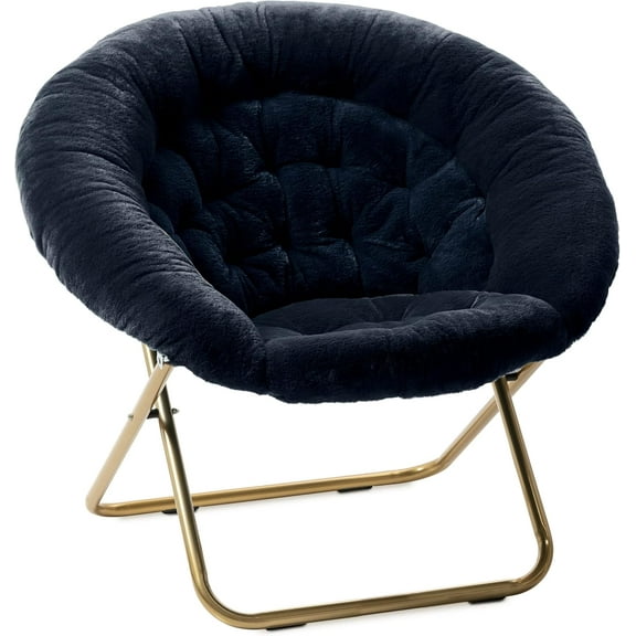 SEEKOL Cozy Velour Saucer Accent Chair for Bedroom - X-Large Plush Swivel Armchair with Deep Cushioning, Sturdy Metal Base, 360° Rotation, Soft Velvet Upholstery, Navy Blue