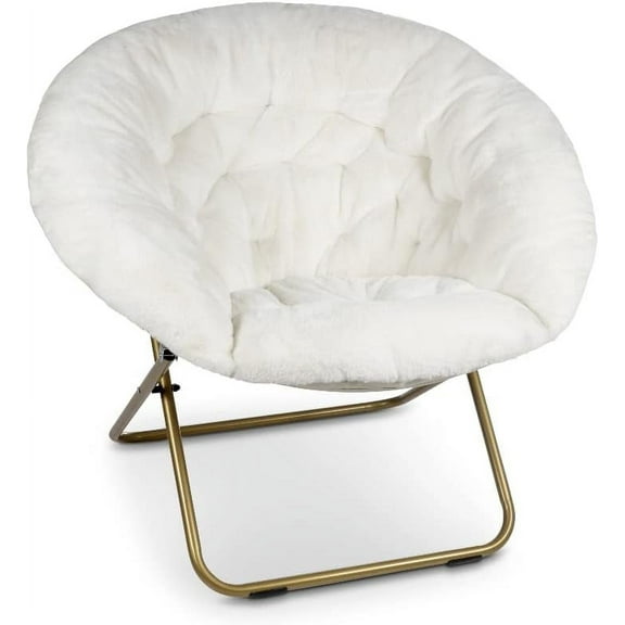 SEEKOL Cozy Velour Saucer Accent Chair for Bedroom - X-Large Plush Swivel Armchair with Deep Cushioning, Sturdy Metal Base, 360° Rotation, Soft Velvet Upholstery, White