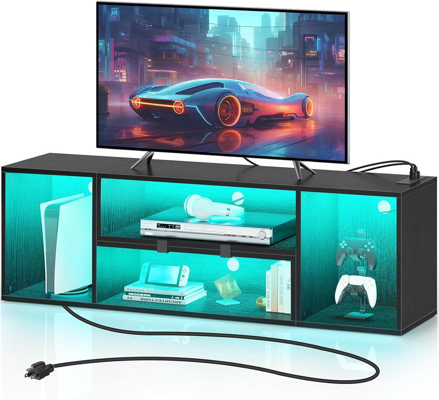 Modern L-Shape TV Stand With LED Lights - Fits 65/70/75 Inch TVs, 6 Shelves, White