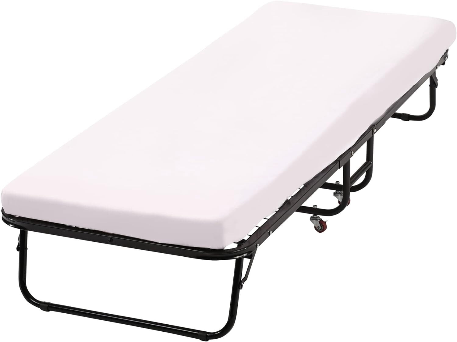 SEEKOL Folding Guest Bed with Wheels - Portable Roll-Away Foldaway Bed for Extra Sleeping Space,Sturdy Steel Frame, Memory Foam Mattress, Lockable Wheels,Easy Setup/Storage,Ideal for Overnight Guests