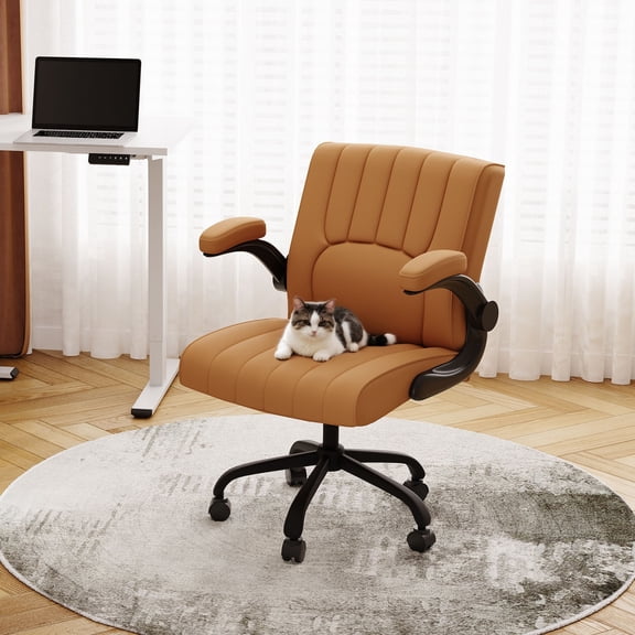 SEEKOL  Leather Desk Chair with Criss Cross Design Flip Up Armrests Rolling Office Chair with Wheels for Executive Home Office.Brown