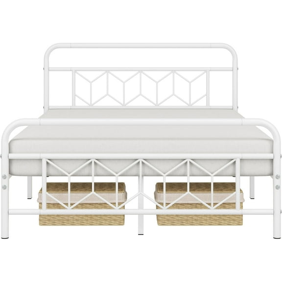 SEEKOL Metal Platform Bed Frame Mattress Foundation with Diamond Pattern Headboard/Footboard/Heavy Duty Steel Slat Support/Under Bed Storage/No Box Spring Needed White Queen