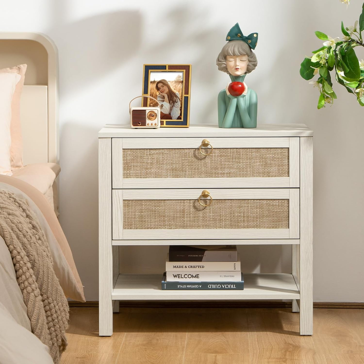 Martha Stewart Salina Nightstand - Toasted Almond Bedside Table With Cane Paneling & Drawer, 22x16x26 Inches