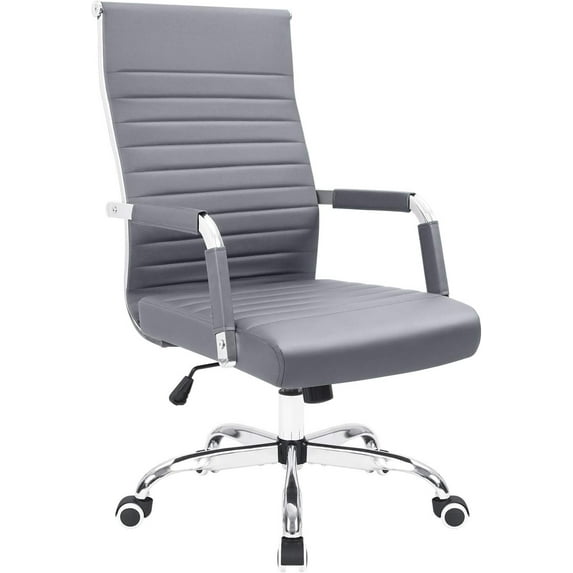 SEEKOL Ribbed Office Desk Mid Back Computer Chair Height Adjustable Conference Executive Task Swivel PU Leather Grey