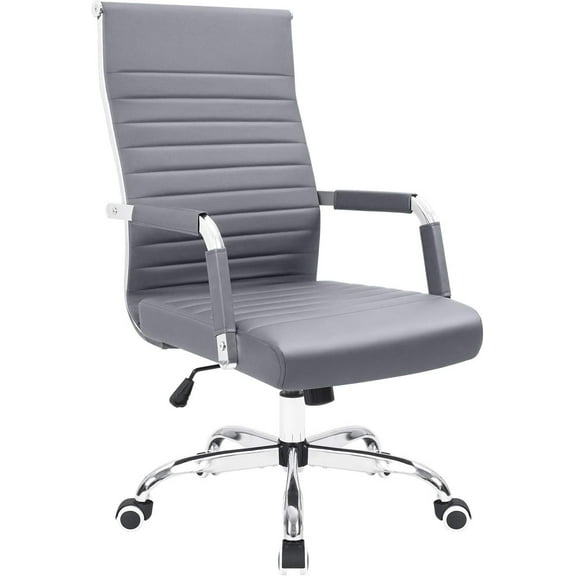 SEEKOL Ribbed Office Desk Mid Back Computer Chair Height Adjustable Conference Executive Task Swivel PU Leather Grey