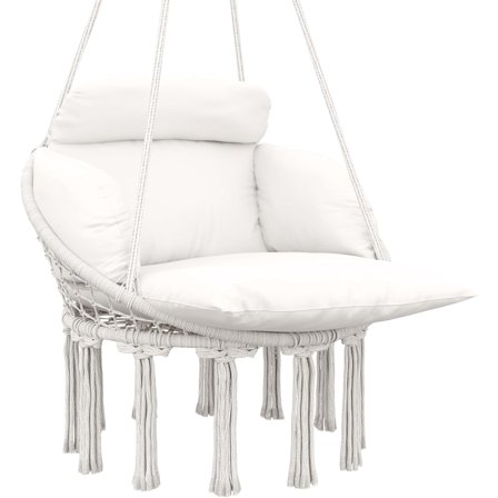 SEEKOL Swing Chair, Outdoor Hanging Chair with Large Cushion, Cotton Rope Weaving Macrame Swing with Chain, 265 LBS Capacity for Indoor, Outdoor, Bedroom, Patio, Balcony,Cream White
