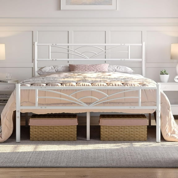 SEEKOL Twin Size Bed Frames Metal Platform Bed Mattress Foundation with Cloud-Inspired Design Headboard/Footboard/Ample Under Bed Storage/No Box Spring Needed White Full