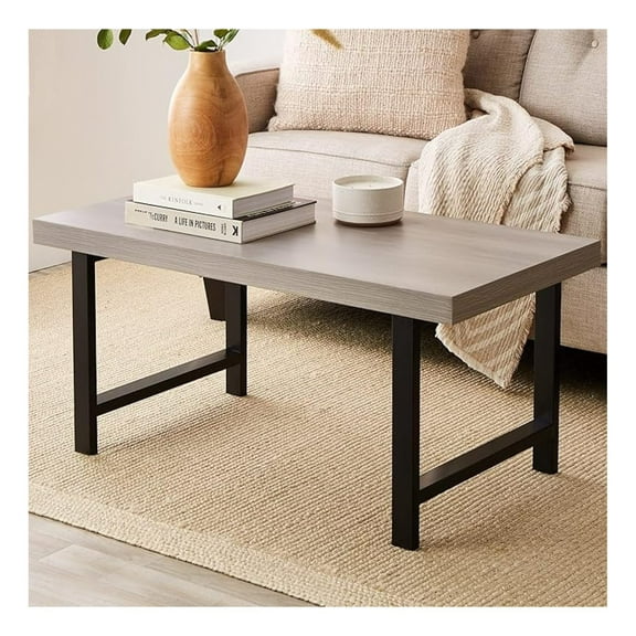 SEEKOL&nbsp; 44in Modern Coffee Table Butcher Block Top Large Accent Table, Rectangular Wood Industrial Rustic Coffee Table for Living Room w/ 2in Metal Legs, 3in Tabletop - Gray
