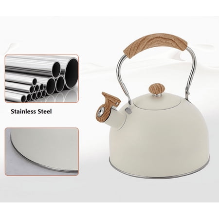 SEELOK Tea Kettle, 2.5L Teapot for Stovetops Wood Pattern Handle with Loud Whistle Food Grade Stainless Steel Tea Pot Water Kettle - Beige White