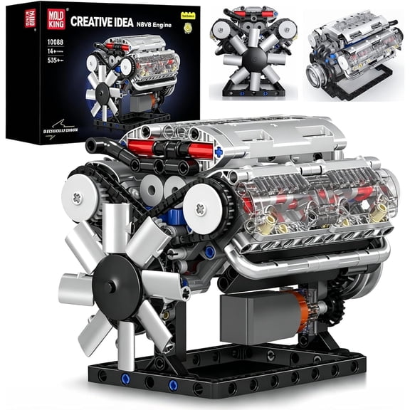 SEEMEY 10088 V8 Engine Model Kit Build Your Own STEM Mini V8 Model Engine Building Blocks Sets that Works for Adults, 535Pcs