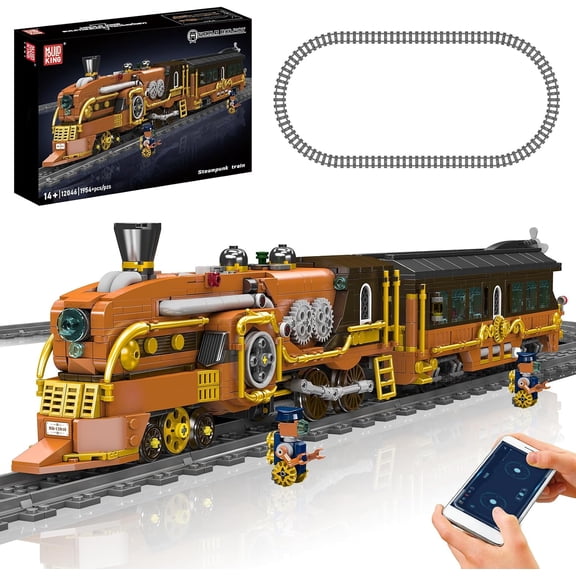 SEEMEY 12046 Steampunk Train Building Set, Remote/App Control Locomotive Model Kit with Tracks, Engineering Building Kit for Adults (1954 PCS)