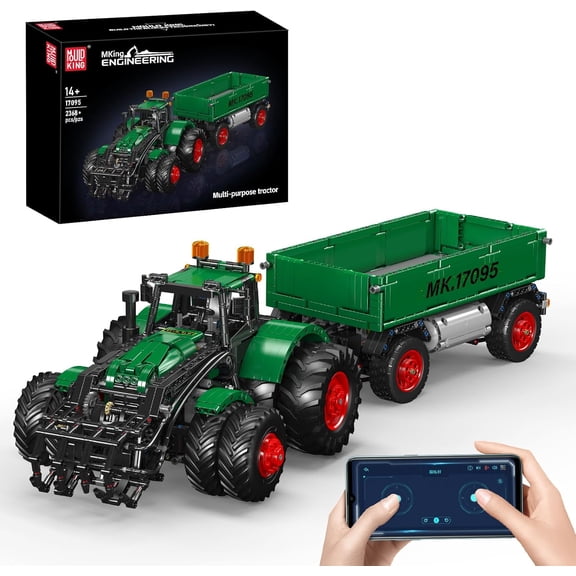 SEEMEY 17095 Farm Tractor with Trailer, Remote Control Tractors Building Set with 4 Motors, Buildabe Farm Vehicle Toy to Play, Construction Car Model for Adults (2368 Pieces)