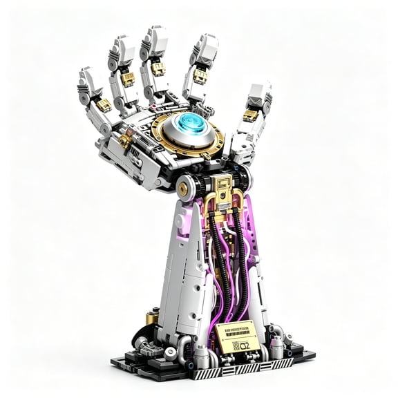 SEEMEY Cyberpunk Mechanical Hand Building Set, 1424Pcs, LED Light & Light Guide Tube, Flexible Wrist Home Decor