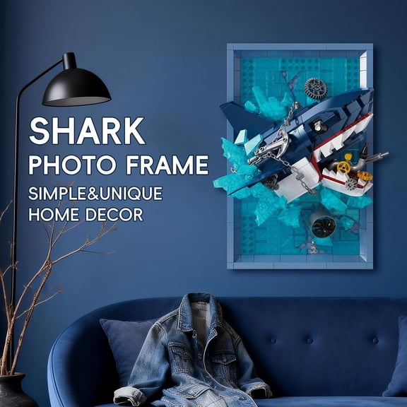 SEEMEY  Shark Photo Frame Building Blocks Set, 3D Wall Decor Bricks Kit, Unique Home Wall Decor or Table