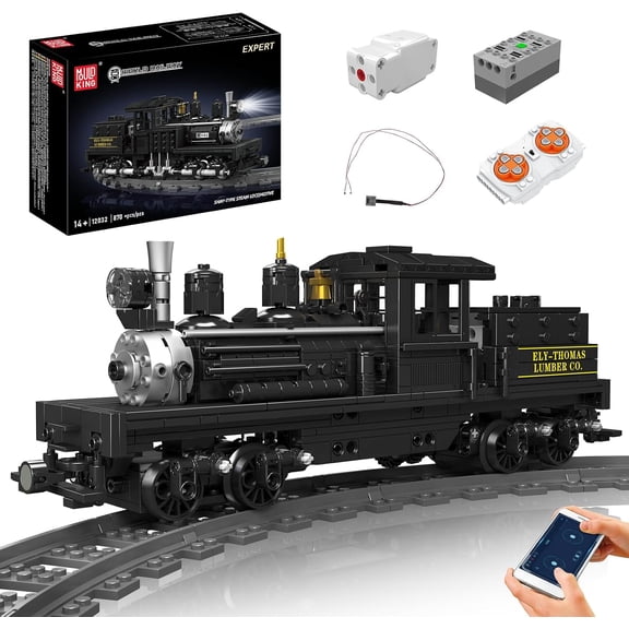 SEEMEY Shay-Type Steam Locomotive Building Set with LED Lighting, Remote/App Control Model Train Block Kit with Tracks, Engineering Toy Kit for Adults (880 PCS)
