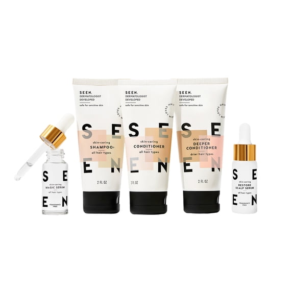 SEEN Discovery Kit - Scented- Non-Comedogenic Hair Set- Dermatologist-Developed - Safe for Sensitive & Acne Prone Skin - 3-2 fl oz & 2-0.5 fl oz