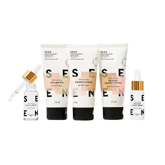 SEEN Discovery Kit - Scented- Non-Comedogenic Hair Set- Dermatologist-Developed - Safe for Sensitive & Acne Prone Skin - 3-2 fl oz & 2-0.5 fl oz