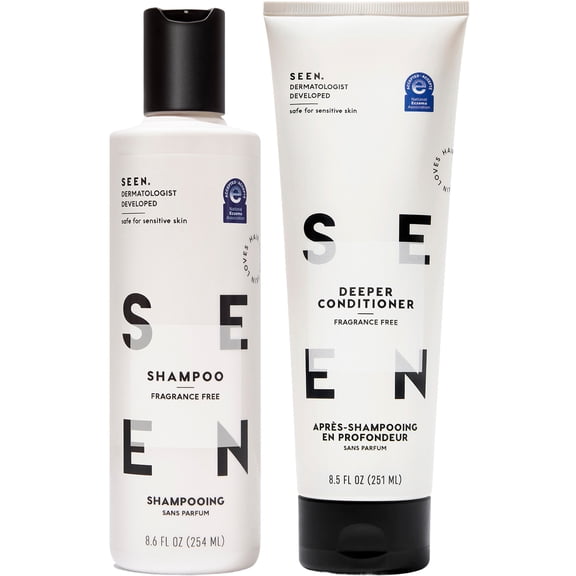 SEEN Shampoo & Deeper Conditioner Bundle, Fragrance-Free - Non-Comedogenic Hair Care Set, Dermatologist-Developed, Safe for Sensitive, Eczema & Acne-Prone Skin - 1-8.6 fl oz, 1-8.5 fl oz