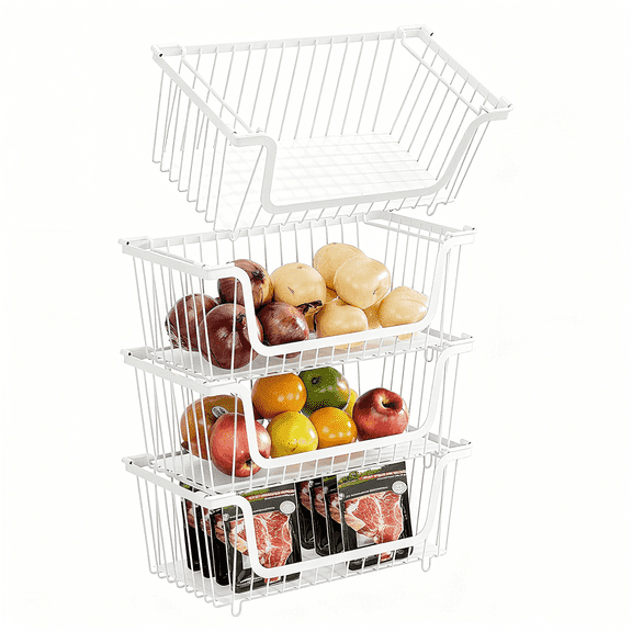 SEENWUUN Stackable Wire Fruit Baskets, 4-Pack Large Capacity Metal Storage Bins for Kitchen Counter, Pantry and Cabinet