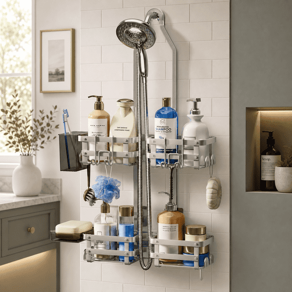 SEENWUUN Over the Shower Head Caddy, 40lbs Heavy Duty Rustproof Shelf with Toothbrush Cup and Soap Holder, Silver