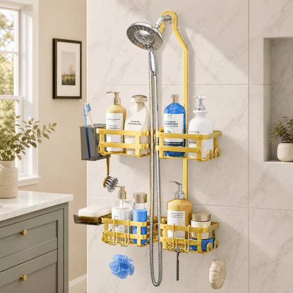 SEENWUUN Over the Shower Head Caddy, 40lbs Bearing Weight Hanging Shower Caddy, Rustproof Shower Shelf With Toothbrush Cup and Soap Holder, Gold