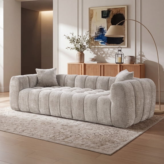 SEENYOO 102.7" Compressed Sofa, Oversized coach, Soft Cozy Fabric, With 2 Throw Pillows, For Living Room, Camel